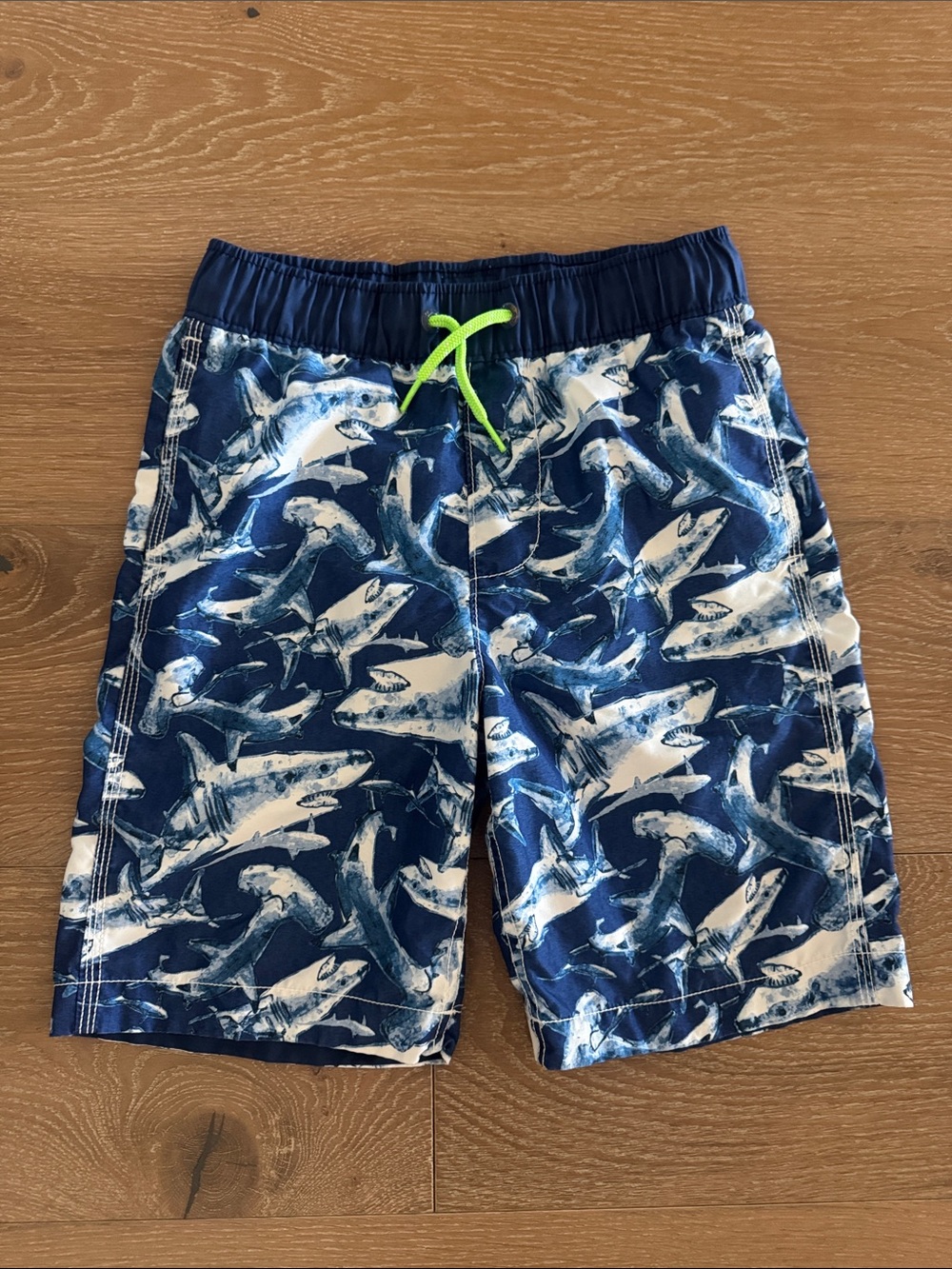 GAP Navy and White Shark Swim Shorts with Lime Drawstring